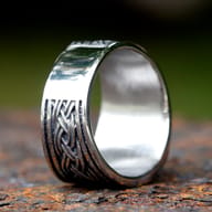 Angled view highlighting the textured antiqued steel Viking ring band