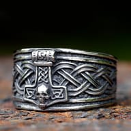 Viking Thor hammer ring with skull and Nordic knotwork in stainless steel