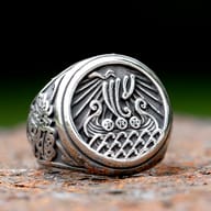Angled shot of the stainless steel ring, highlighting the Viking longship motif.