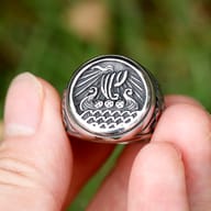 Full profile display of the stainless steel Viking Odin ship ring.
