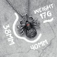 Focus on the spider pendant's head and striking red crystal eyes
