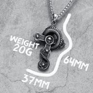 Viking-inspired dragon and skull cross necklace, made from durable stainless steel, on a neutral background