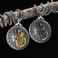Detailed view of the 'ST CHRISTOPHER' inscription and border on the stainless steel pendant.