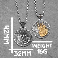 Close-up of the sturdy stainless steel chain links connected to the St. Christopher pendant.