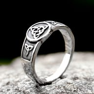 Side profile of the durable stainless steel ring, showing the embossed Celtic knots on the band.
