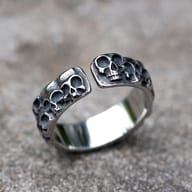 Detail shot of the skulls embossed on the stainless steel ring band.