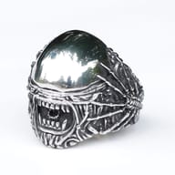 Gothic alien skull biker ring worn on hand showcasing size and finger fit