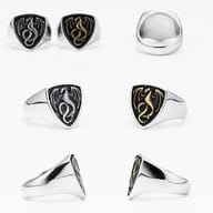A high-angle view capturing the entire stainless steel ring, focusing on its dominant shield shape.