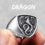 Close-up of a person's fingers holding the Norse Dragon Shield stainless steel ring, featuring the detailed dragon.