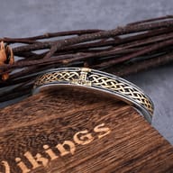 Top view of two-tone stainless steel Viking Mjolnir cuff bracelet showing open cuff design