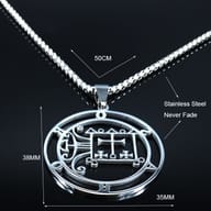 Orobas Sigil stainless steel pendant from a slight angle, revealing its substantial presence