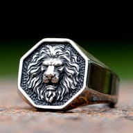 Overhead shot of the punk-inspired lion ring, showcasing its detailed mane and overall design.