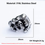 Overall perspective of the durable 316L stainless steel skull fist ring.