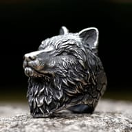 Rear view of the wolf head ring, highlighting the detailed ears and textured back of the head.