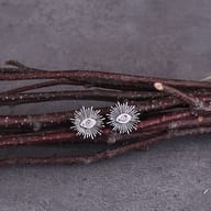 Pair of stainless steel sunburst eye stud earrings displayed on dark rustic branches