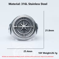 Full view of the men's 316L stainless steel compass ring on a natural stone surface, illustrating its substantial size and detailed craftsmanship.