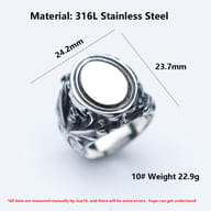Overview of the dark aesthetic 316L stainless steel ring, displayed on a natural rock background, ready for wear.