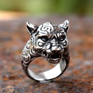 Front angled view of the roaring tiger head 316L stainless steel ring