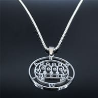 Intricate lower section of the Paimon Sigil engraving on the round stainless steel pendant.