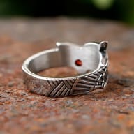 Top-down view of the stainless steel Viking dragon ring showcasing its full design