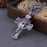 Men's 316L Stainless Steel Jesus Cross Pendant Necklace with chain, displayed in a wooden box with raffia.