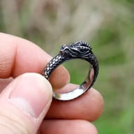 Detailed view of the smooth inner band and textured exterior of the dragon ring.