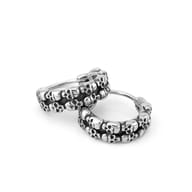 Stainless steel gothic skull earrings positioned open to show clasp mechanism