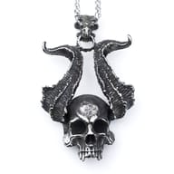Front view of gothic horned skull pendant in oxidized 316L stainless steel