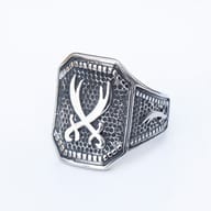 Frontal perspective of the stainless steel Ali Zulfikar sword ring, displaying its unique octagonal shape and rich visual texture.