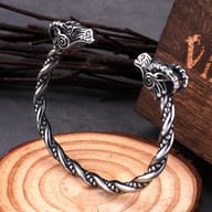 Viking goat cuff bracelet displayed alongside engraved wooden gift box
