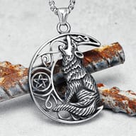 Detail of Celtic knotwork and pentagram on wolf moon necklace