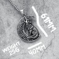Angled view of the rugged 316L stainless steel wolf moon necklace