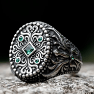Oxidized stainless steel ring with an ornate vintage filigree design, featuring a central square green gemstone and smaller round green gemstones, resting on a stone surface.
