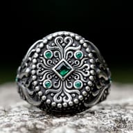 Detailed view of the dark antiqued finish on the ornate men's ring, emphasizing its unique texture.