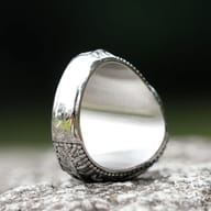 Side profile of the men's stainless steel ring, highlighting intricate scrollwork and smaller green stones.