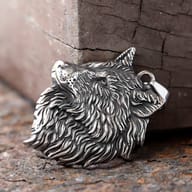 Side profile view showing the layered 3D fur texture of the steel wolf pendant