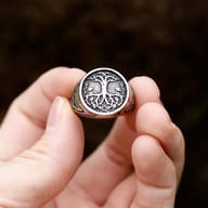Side view of the 316L stainless steel ring, revealing the detailed Celtic-inspired knotwork on the band.