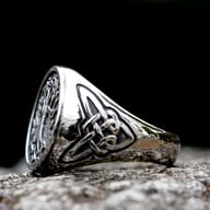Close-up of the upper portion of the stainless steel ring's face, highlighting the Tree of Life motif.