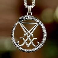 Stainless steel Lucifer Sigil Ouroboros pendant necklace on a chain.