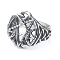 View of the entire stainless steel pentagram ring, emphasizing its polished and oxidized finish.