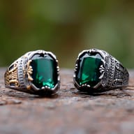 Top-down view of faceted deep green zircon set in ornate bezel