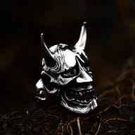 Top-down perspective of the 316L stainless steel demon skull ring, showing the full design of the head.