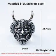 Front-facing view of the 316L stainless steel gothic demon skull ring, showcasing its menacing expression.