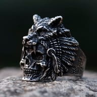 Macro view of the top portion of the stainless steel skull and wolf head ring, highlighting the wolf's snarling muzzle.
