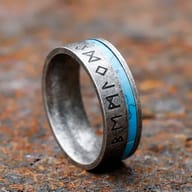Viking rune stainless steel ring worn on a hand showcasing width and fit