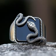 Side profile of the wide 316L stainless steel band of the Gothic snake ring resting on a textured surface.