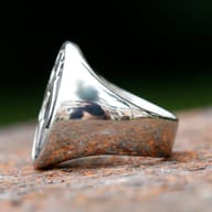 Angled shot highlighting the detailed Mythosaur design and polished band of the ring.