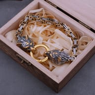 Two-tone Viking wolf head Byzantine chain bracelet inside a wooden gift box