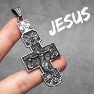 Full necklace with Orthodox crucifix pendant displayed flat, highlighting chain detail and pendant size.
