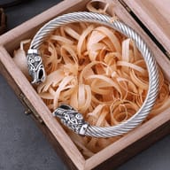 Viking dragon head stainless steel cuff bracelet shown worn on a wrist